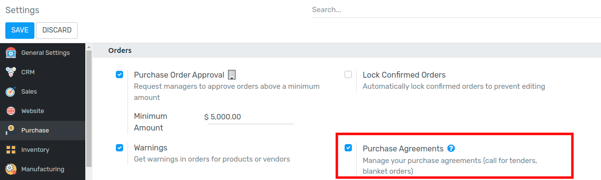Enable purchase agreements in Flectra Purchase