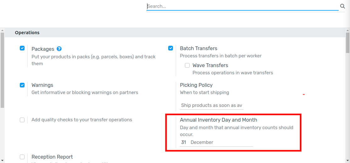 Adjust the next inventory count date with the Annual Inventory Day and Month setting.
