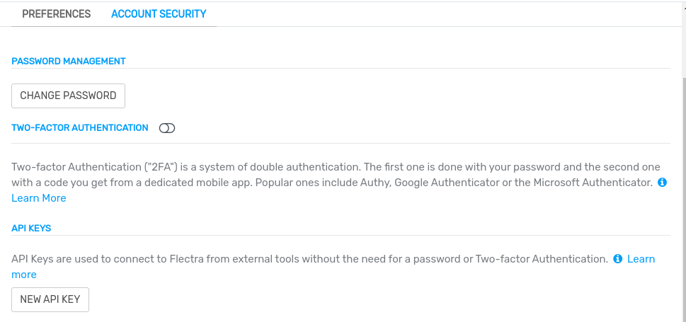 creation of an Flectra external API key for a database