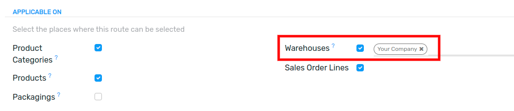 View of the warehouse drop-down menu when selecting applicable on warehouse.