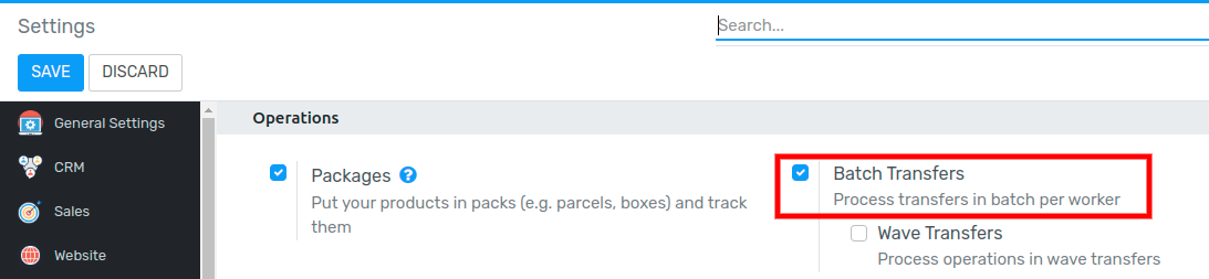 View of the inventory settings. Process to enable the batch pickings option in the Flectra Inventory app