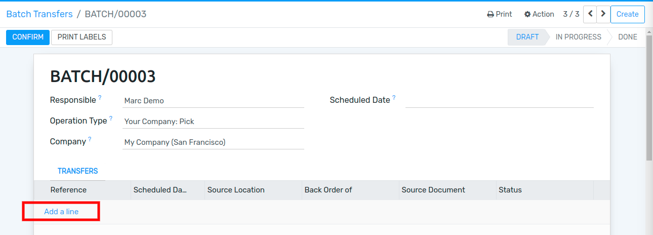 View of a Batch Transfers form