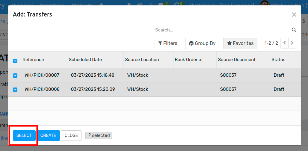 View of the list of transfers to choose for a single batch transfer and how to add them to the batch transfer