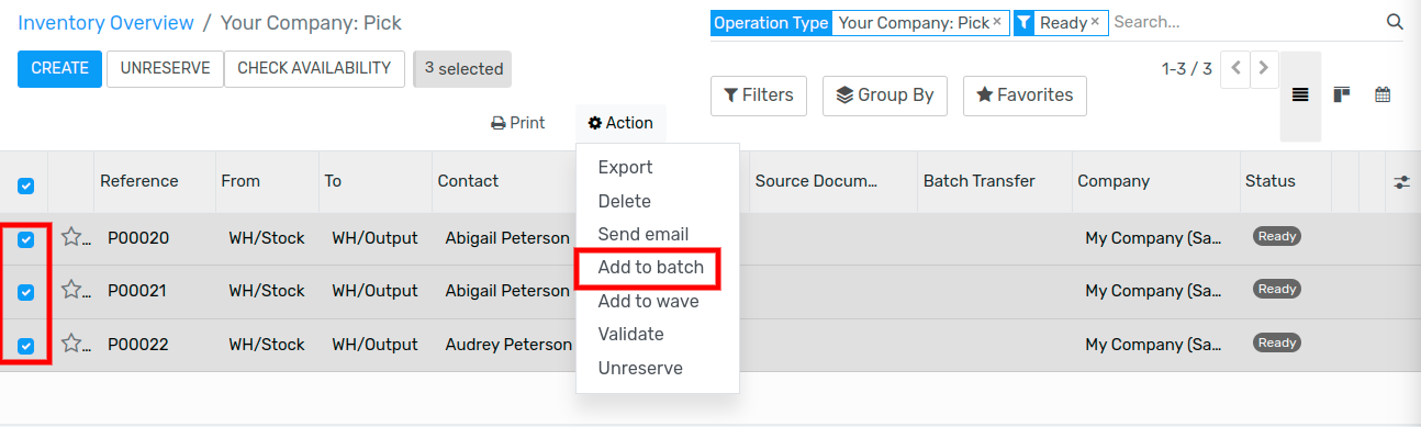 View of the process to add transfers to a batch transfer from the transfers list view