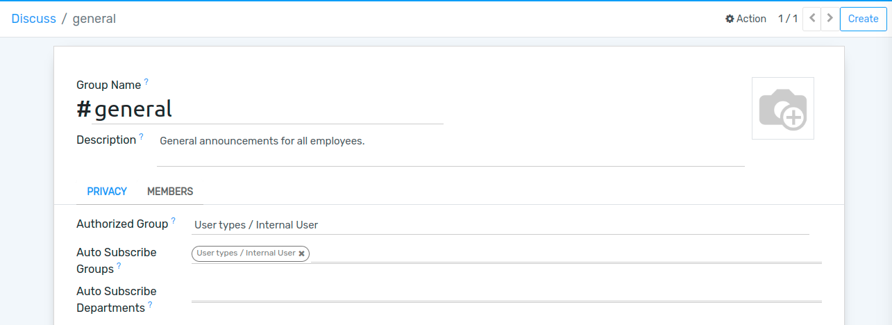 View of a channel’s settings form in Flectra Discuss