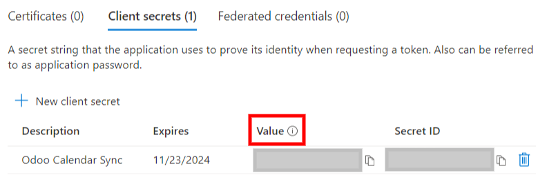 The "Client Secret" token to be copied from Microsoft to Flectra.