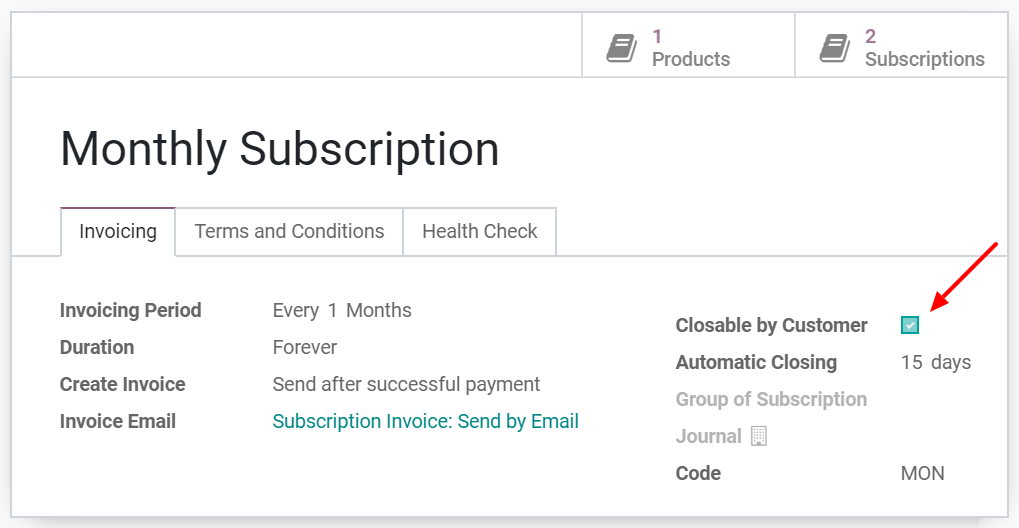 Configuration to close your subscription with Flectra Subscriptions