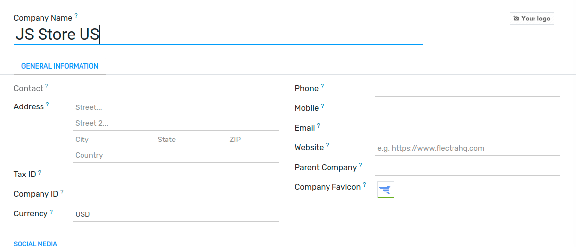 Overview of a new company's form in Flectra