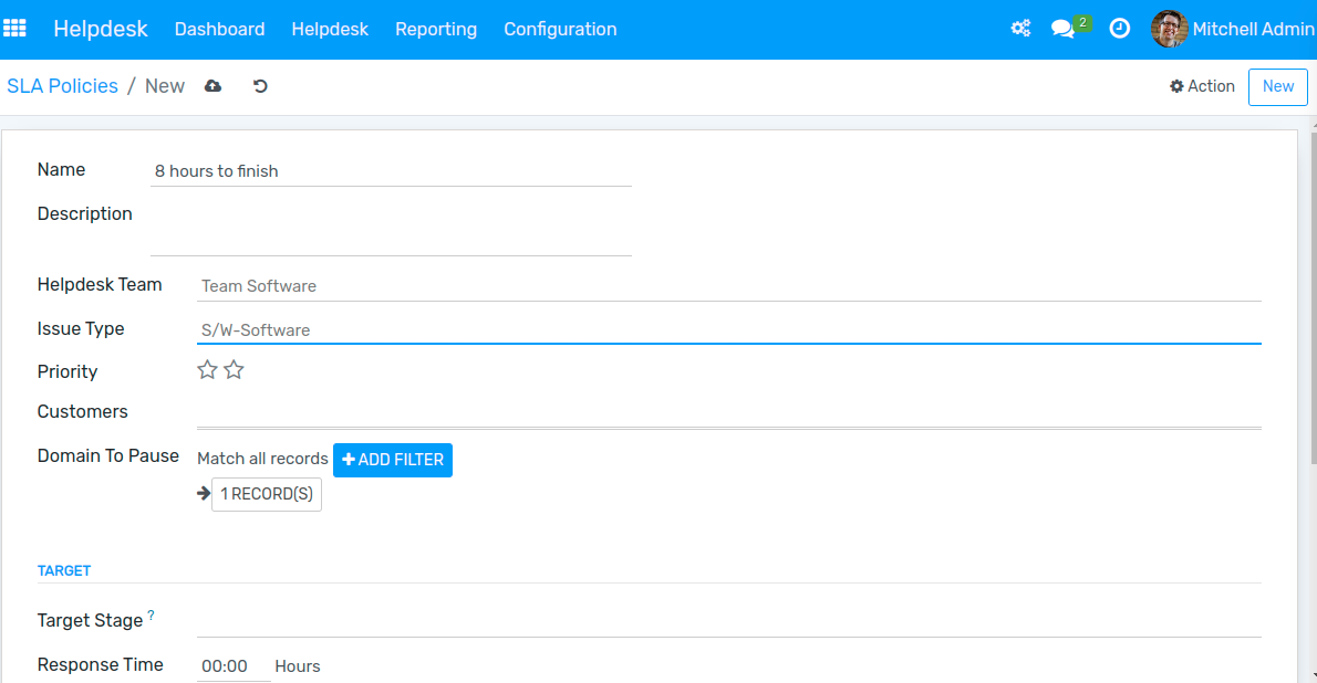 View of an SLA form in Flectra Helpdesk