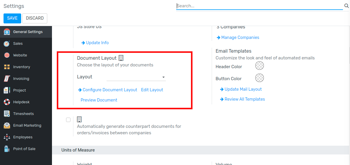 View of the settings page emphasizing the document layout field in Flectra