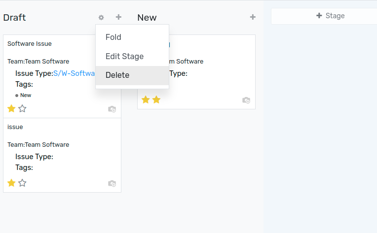 Overview of a helpdesk team kanban view emphasizing the menu edit stage in Flectra Helpdesk