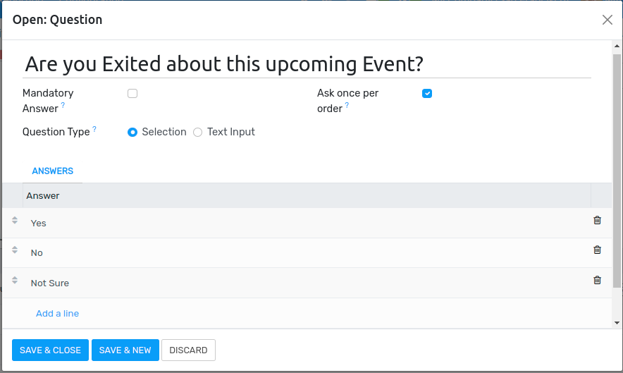 View of an event form, open the questions tab, and add a question.
