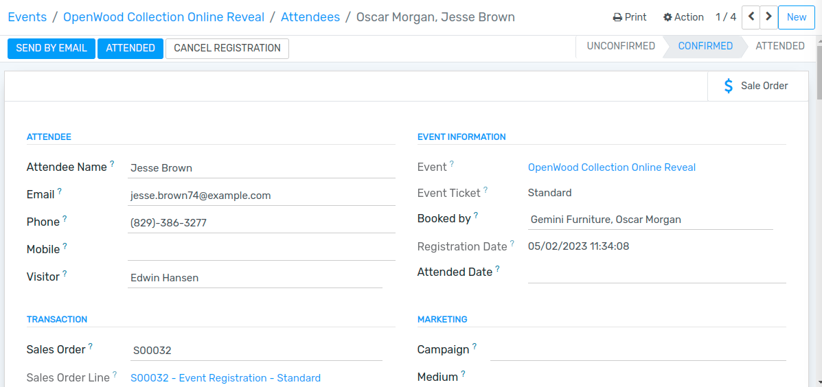 View of an attendee form emphasizing the send by email and cancel registration in Flectra Events.