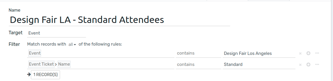 An event ticket filter in the Flectra Marketing Automation application.