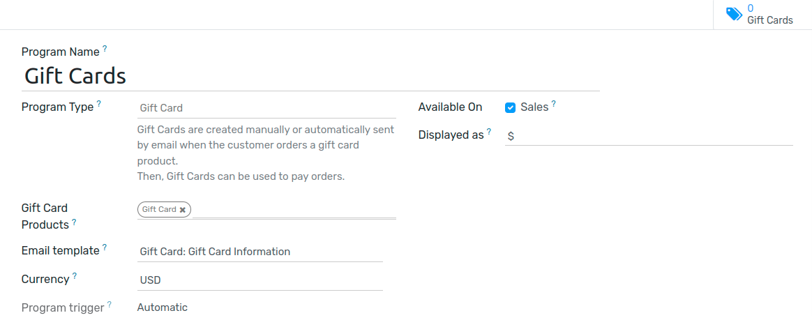 Gift card program configuration page