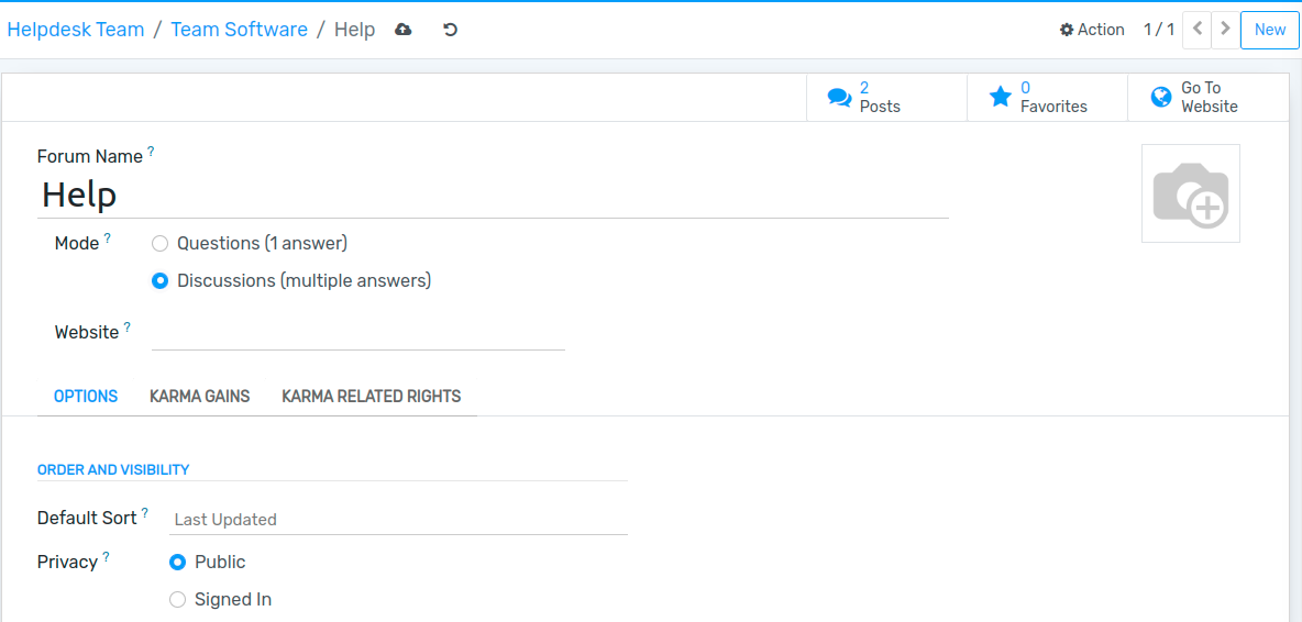 Overview of a forum’s settings page in Flectra Helpdesk