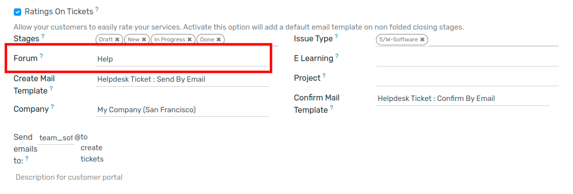 Overview of the settings page of a helpdesk team emphasizing the help center feature in Flectra Helpdesk