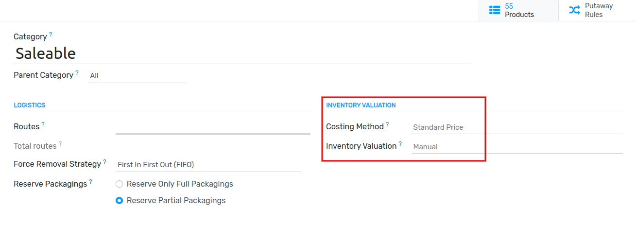 The Inventory Valuation fields are located on the Product Categories form.