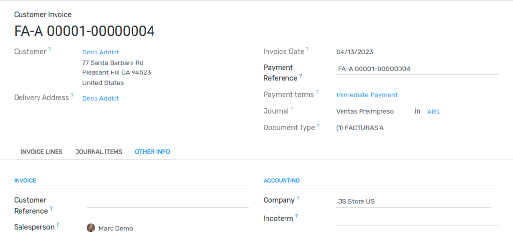 View of an invoice for JS Store US created on JS Store Belgium in Flectra