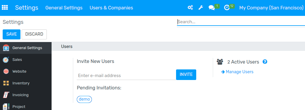 View of the settings page emphasizing the manage users field in Flectra