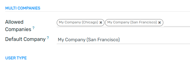View of a user’s form emphasizing the multi companies field in Flectra