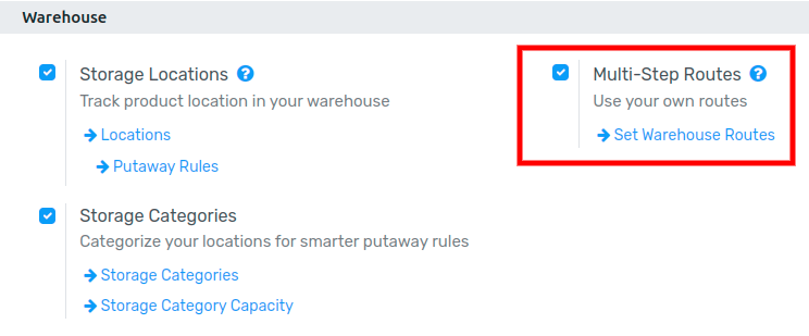 Activate the Multi-Step Routes feature in Flectra Inventory.
