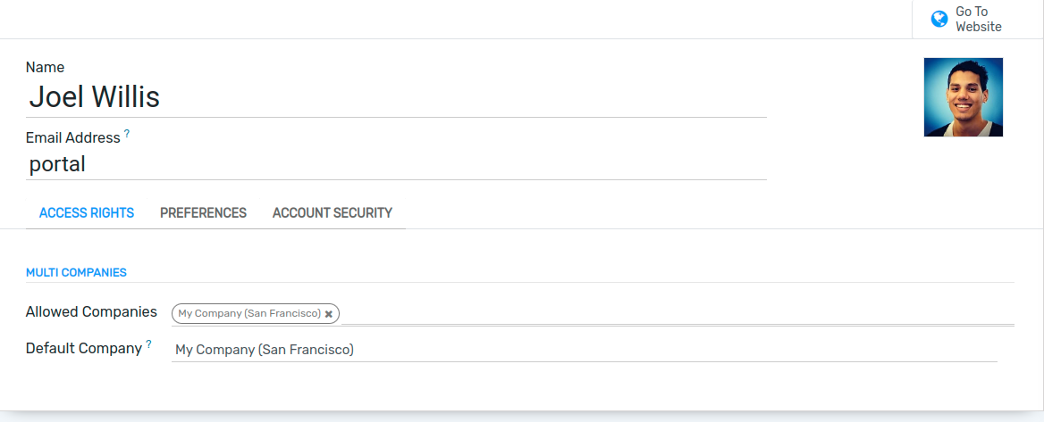 View of a user’s form emphasizing the access rights tab in Flectra