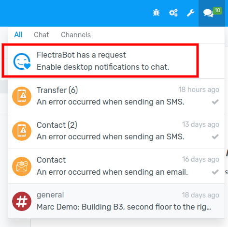 View of the messages under the messaging menu emphasizing the request for push notifications for Flectra Discuss