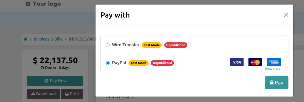 Pay online in the customer portal and select which payment provider to use.