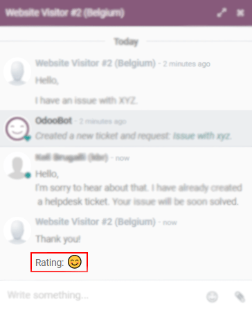 View of a chat window from an operator’s side highlighting a rating for Flectra Live Chat