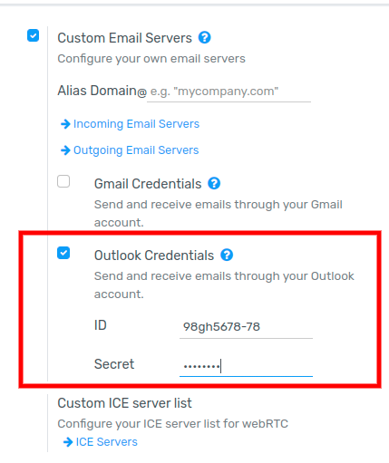 Outlook Credentials in Flectra General Settings.