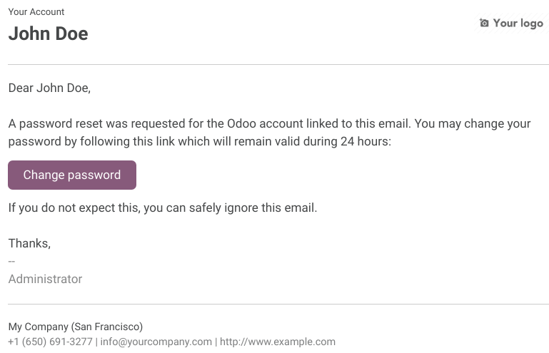 Example of an email with a password reset link for an Flectra account
