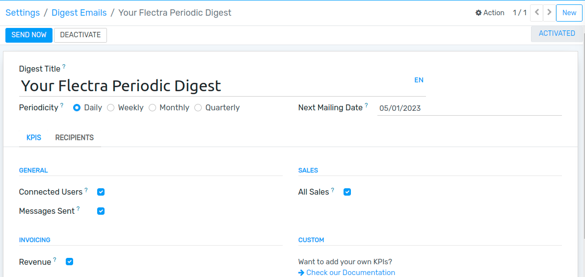 Customize default Digest Email settings and custom KPIs.