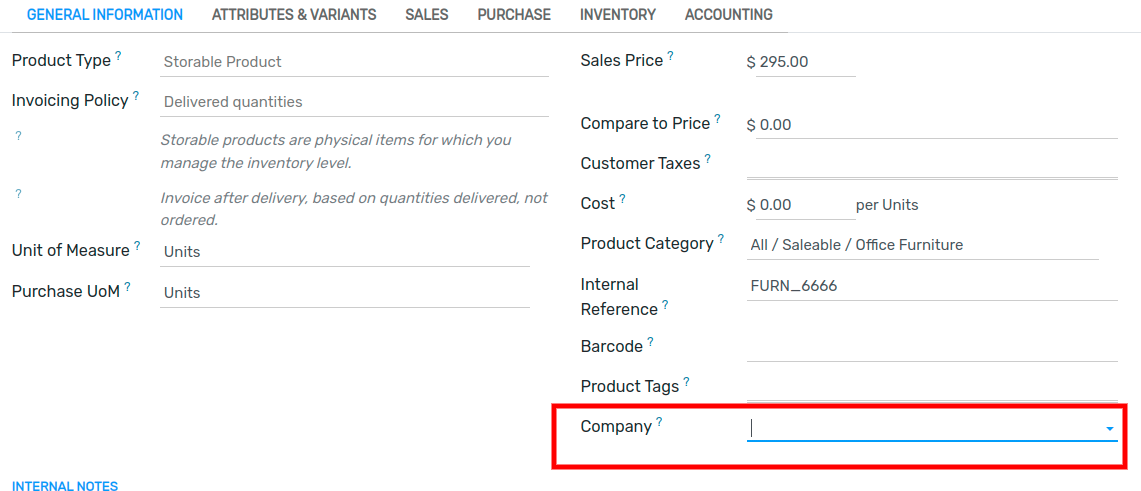 View of a product's form emphasizing the company field in Flectra Sales