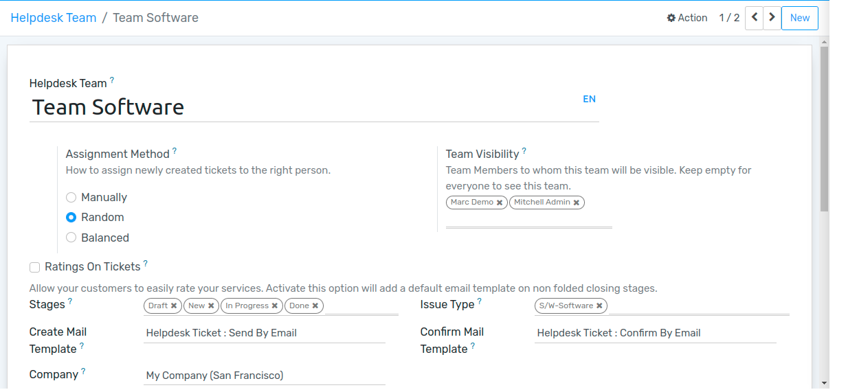 View of a helpdesk team settings page emphasizing the productivity and visibility features in Flectra Helpdesk