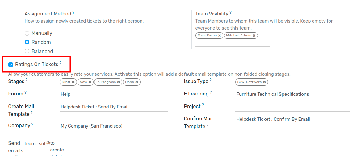 Overview of the settings page of a helpdesk team emphasizing the rating on ticket feature in Flectra Helpdesk
