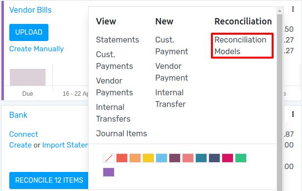 Open the Reconciliation Model menu from the overview dashboard in Flectra Accounting