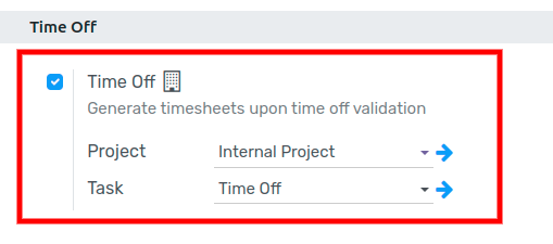 View of Timesheets setting enabling the feature record time off in Flectra Timesheets