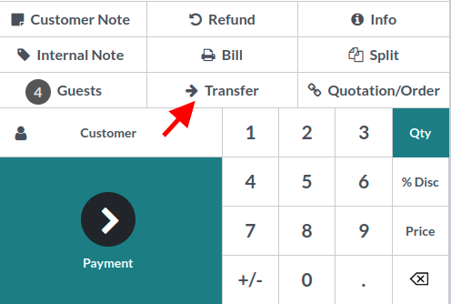 View of the pos interface and transfer button. How to transfer customers from one table to another