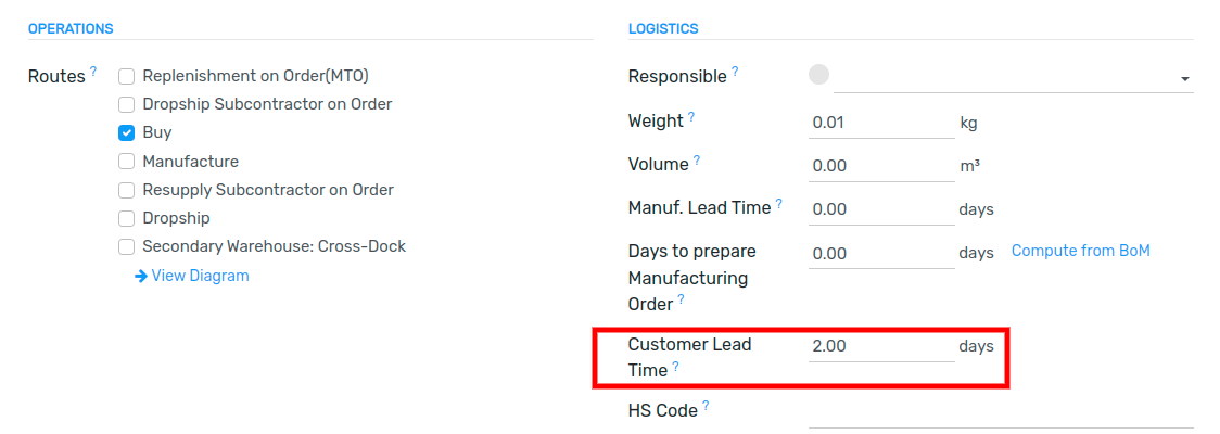 View of the customer lead time configuration from the product form