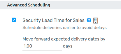 View of the security lead time for sales configuration from the sales settings