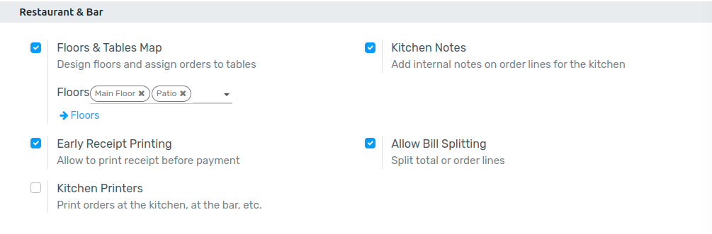 activate the bill printing and bill splitting features in the POS settings