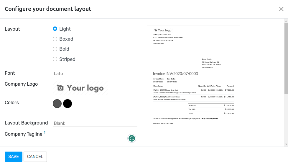 Document layout configuration in Flectra Invoicing