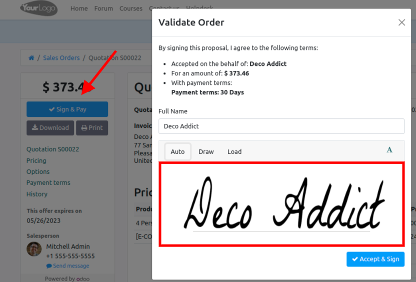 How to confirm an order with a signature on Flectra Sales?