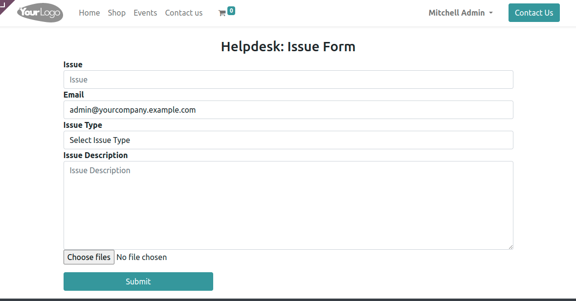 View of the website form to submit a ticket for Flectra Helpdesk