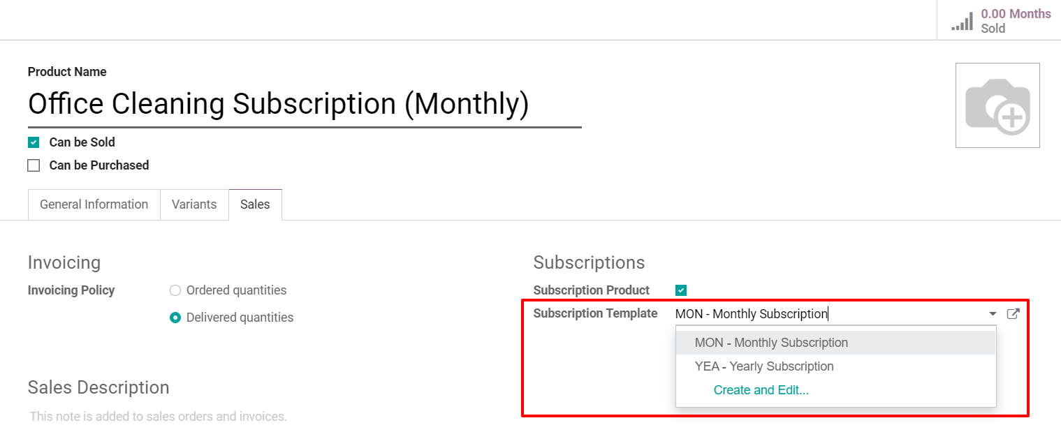 View of a subscription product form in Flectra Subscriptions
