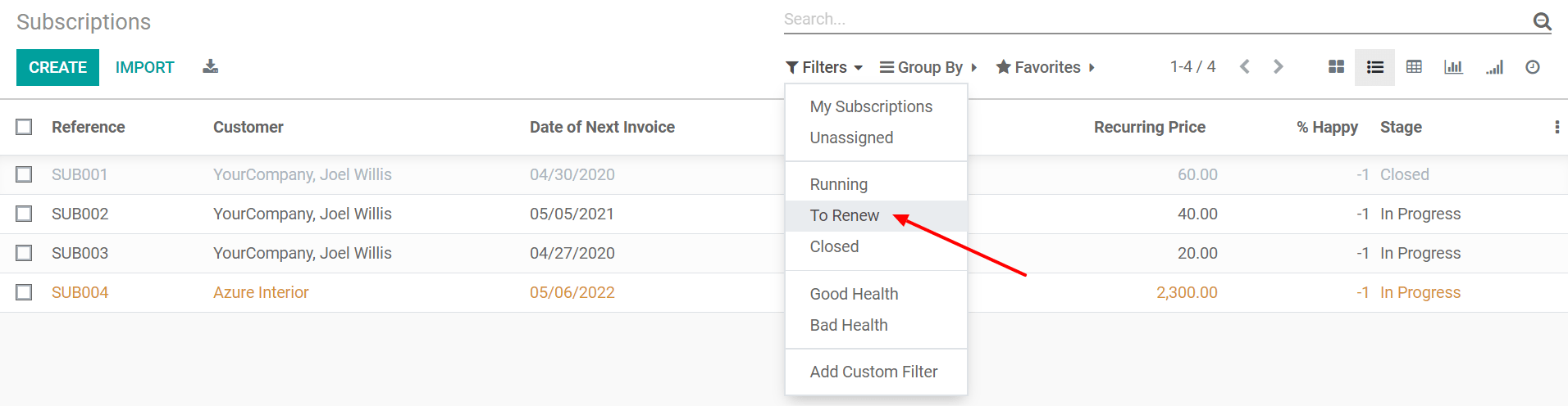 List view of all subscriptions and use of the filter to renew in Flectra Subscriptions