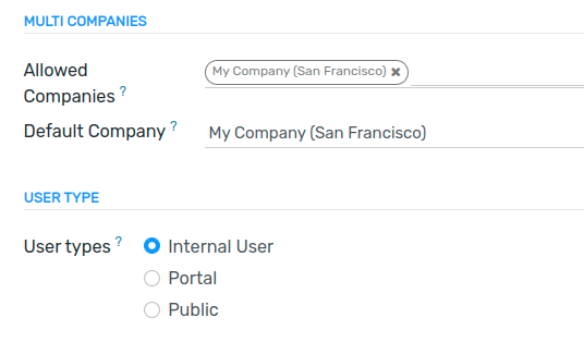 View of a user’s form in developer mode emphasizing the user type field in Flectra