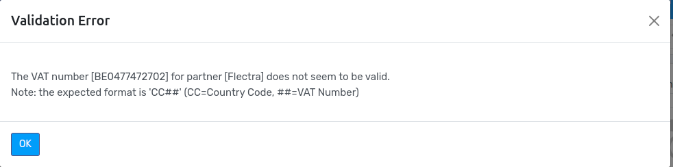 Flectra displays an error message instead of saving when the VAT number is invalid