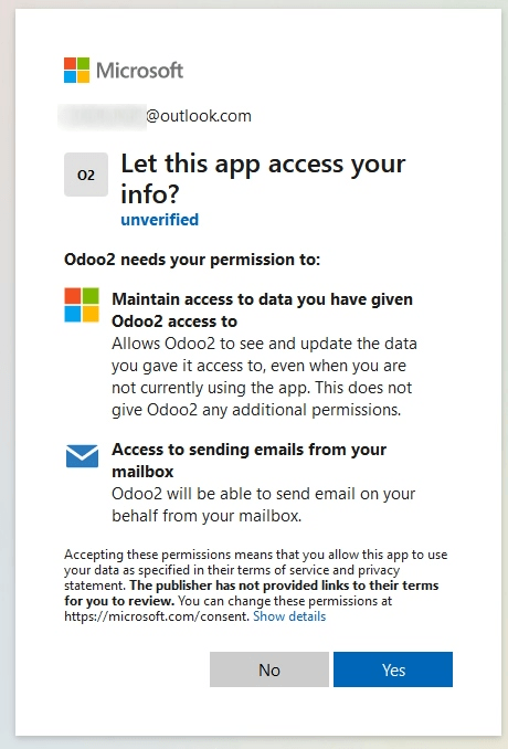 Permission page to grant access between newly created app and Flectra.